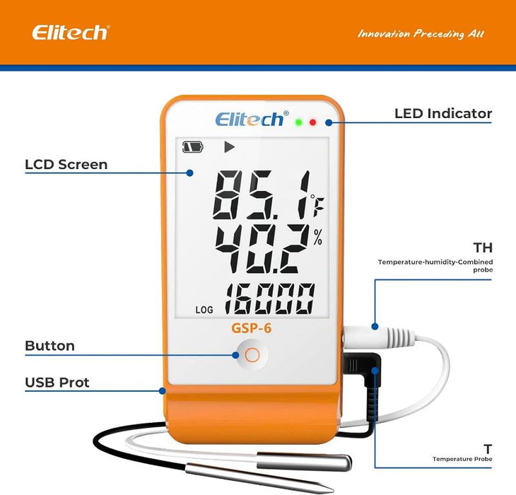 Elitech GSP-6 Temperature And Humidity Data Logger, Range -40 To 85°C