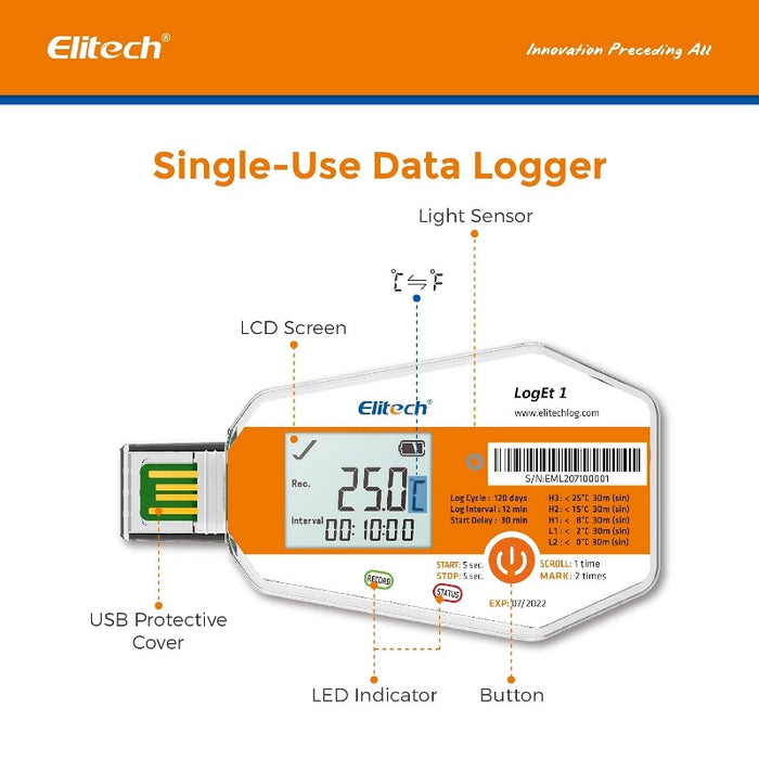 Elitech LogEt 1 Single-Use Temperature Data Logger, Range -30 To 70°C