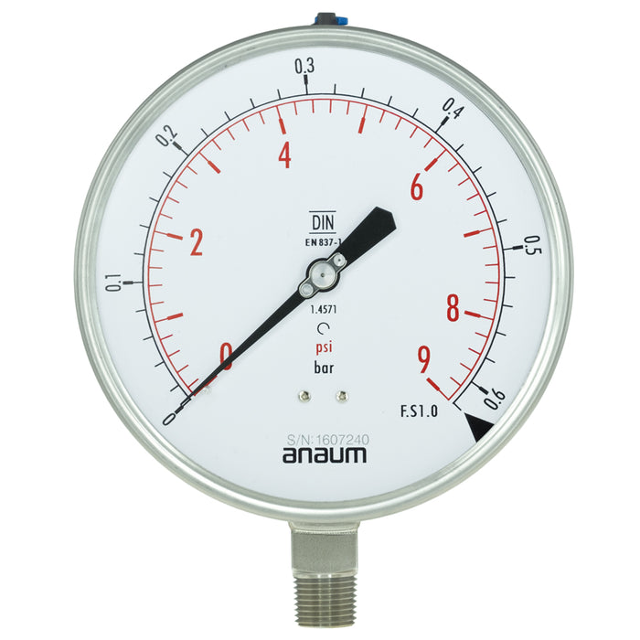 Anaum AN3160 : Pressure Gauge, 0~0.6 bar, 160mm dia, 1/2" NPT - anaum.sa