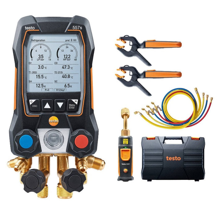 Testo 557s Smart Digital Manifold With Wireless Vacuum, Clamp Temperature Probes, And Hose Filling Set With 4 Hoses - anaum.sa
