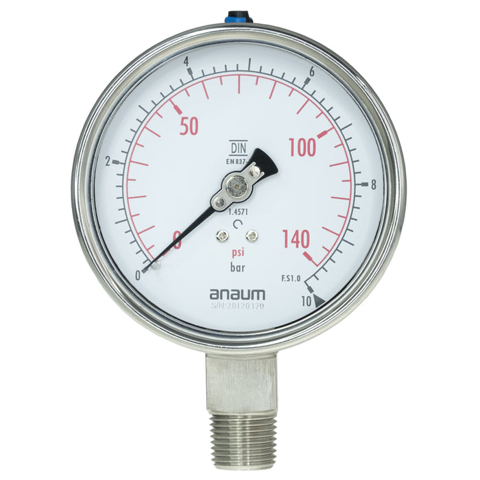 Anaum AN3100 : Pressure Gauge, 0~10 bar, 100mm dia, 1/2" NPT - anaum.sa