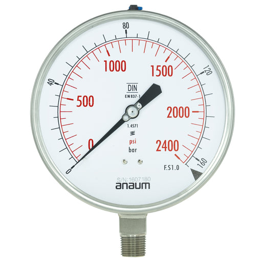 Anaum AN3160 : Pressure Gauge, 0~160 bar, 160mm dia, 1/2" NPT - anaum.sa