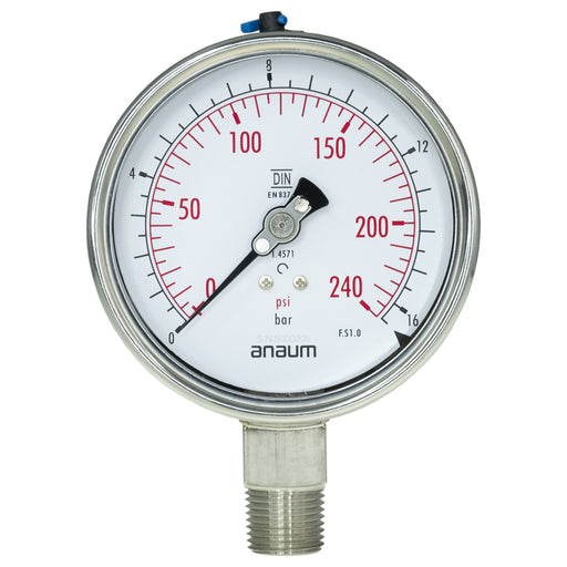 Anaum AN3100 : Pressure Gauge, 0~16bar, 100mm dia, 1/2" NPT - anaum.sa