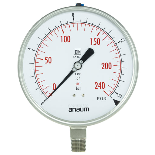 Anaum AN3160 : Pressure Gauge, 0~16 bar, 160mm dia, 1/2" NPT - anaum.sa