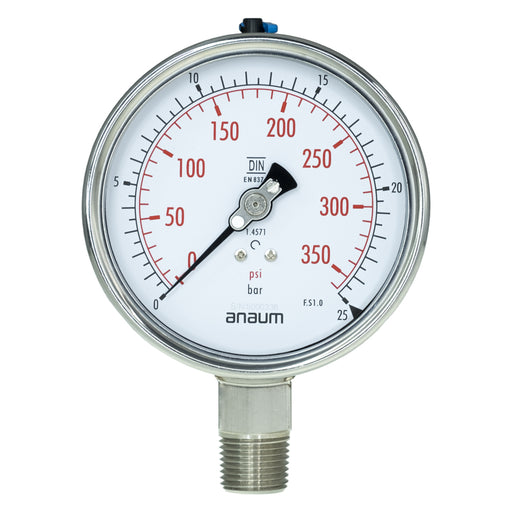 Anaum AN3100 : Pressure Gauge, 0~25 bar, 100mm dia, 1/2" NPT - anaum.sa