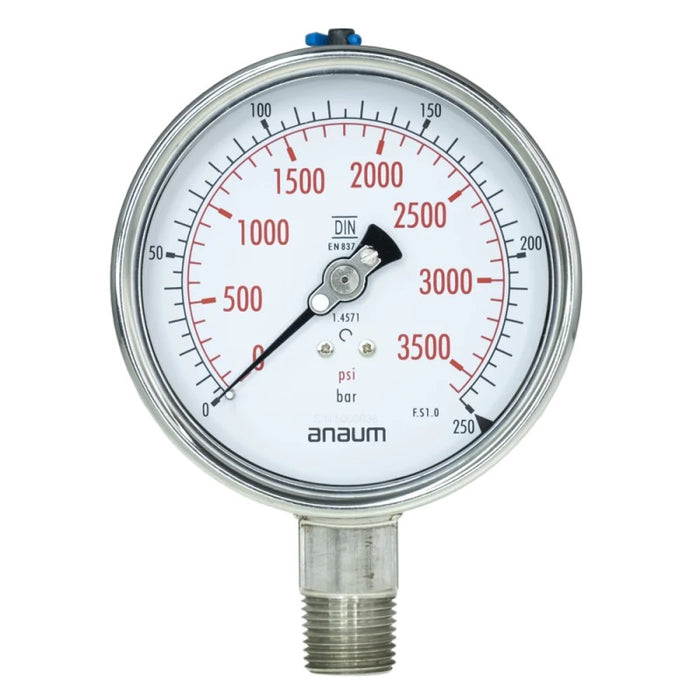 Anaum AN3100 Pressure Gauge, 0~250 bar, Dial: Ø100mm, 1/2 Inch NPT - anaum.sa