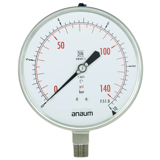 Anaum AN3160 Pressure Gauge, 0~10 bar, Dial: Ø160mm, 1/2 Inch NPT - anaum.sa
