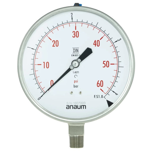 Anaum AN3160 Pressure Gauge, 0~4 bar, Dial: Ø160mm, 1/2 Inch NPT - anaum.sa